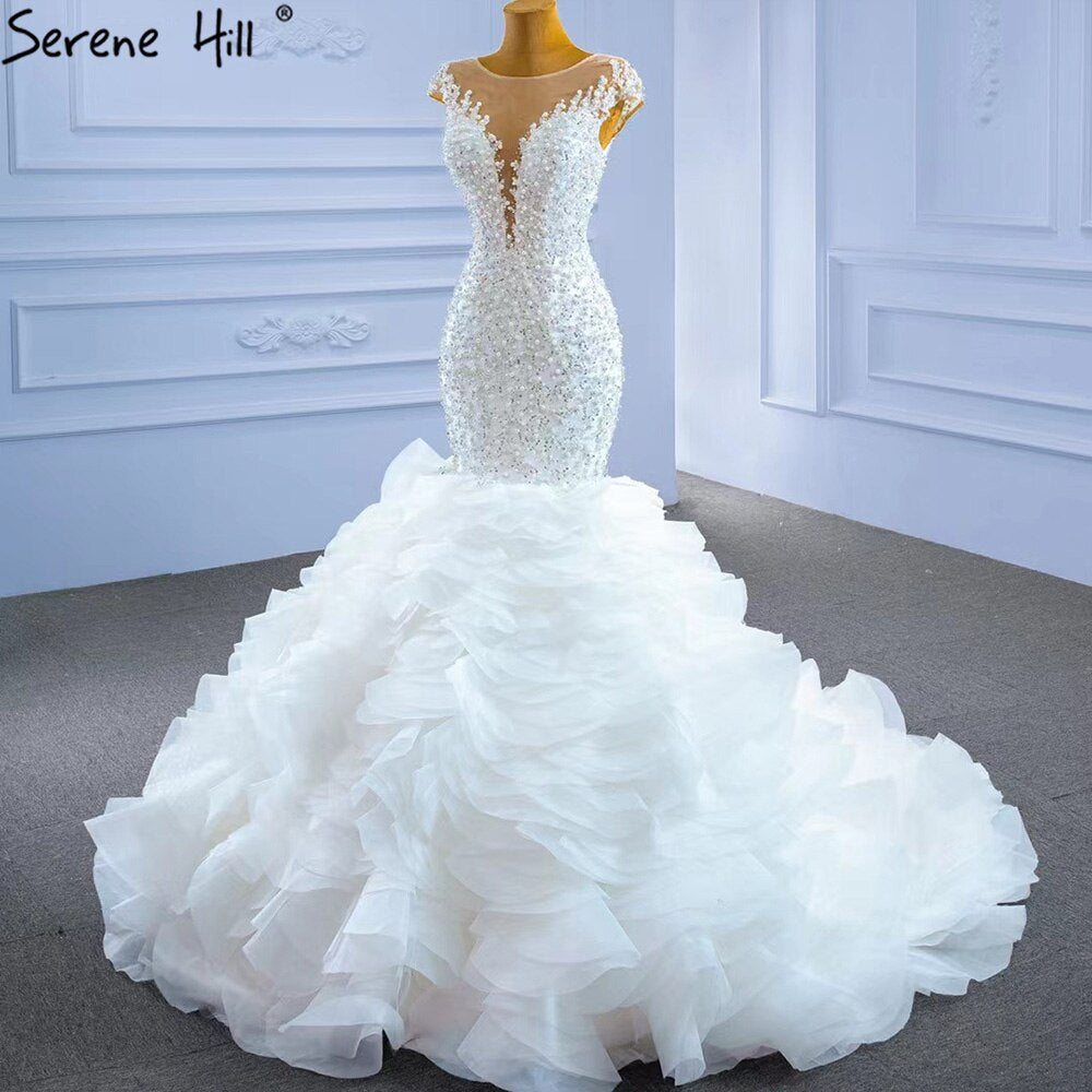 Serene Hill White Luxury Mermaid Wedding Dresses Gowns 2025 Elegant Beaded Ruffles Bridal Dress HM67291 - SERENE HILL