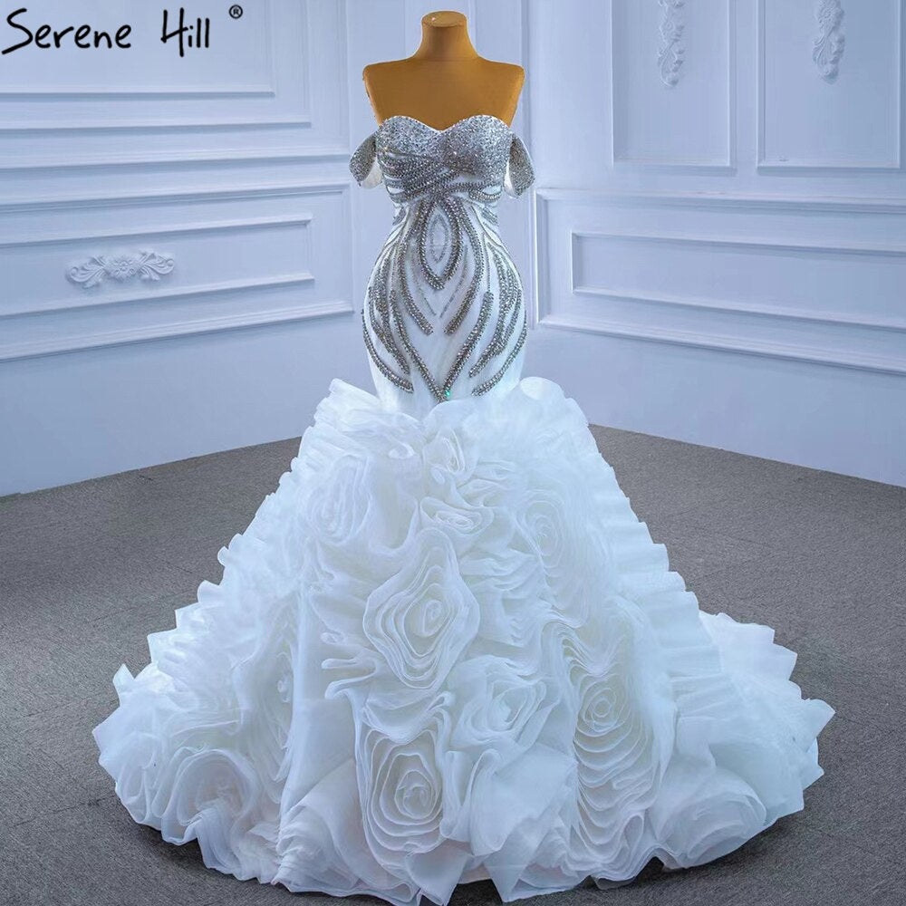 Serene Hill White Luxury Ruffles Beaded Wedding Dresses 2025 Mermaid Elegant High-end Bride Gowns HM67365 Custom Made - SERENE HILL