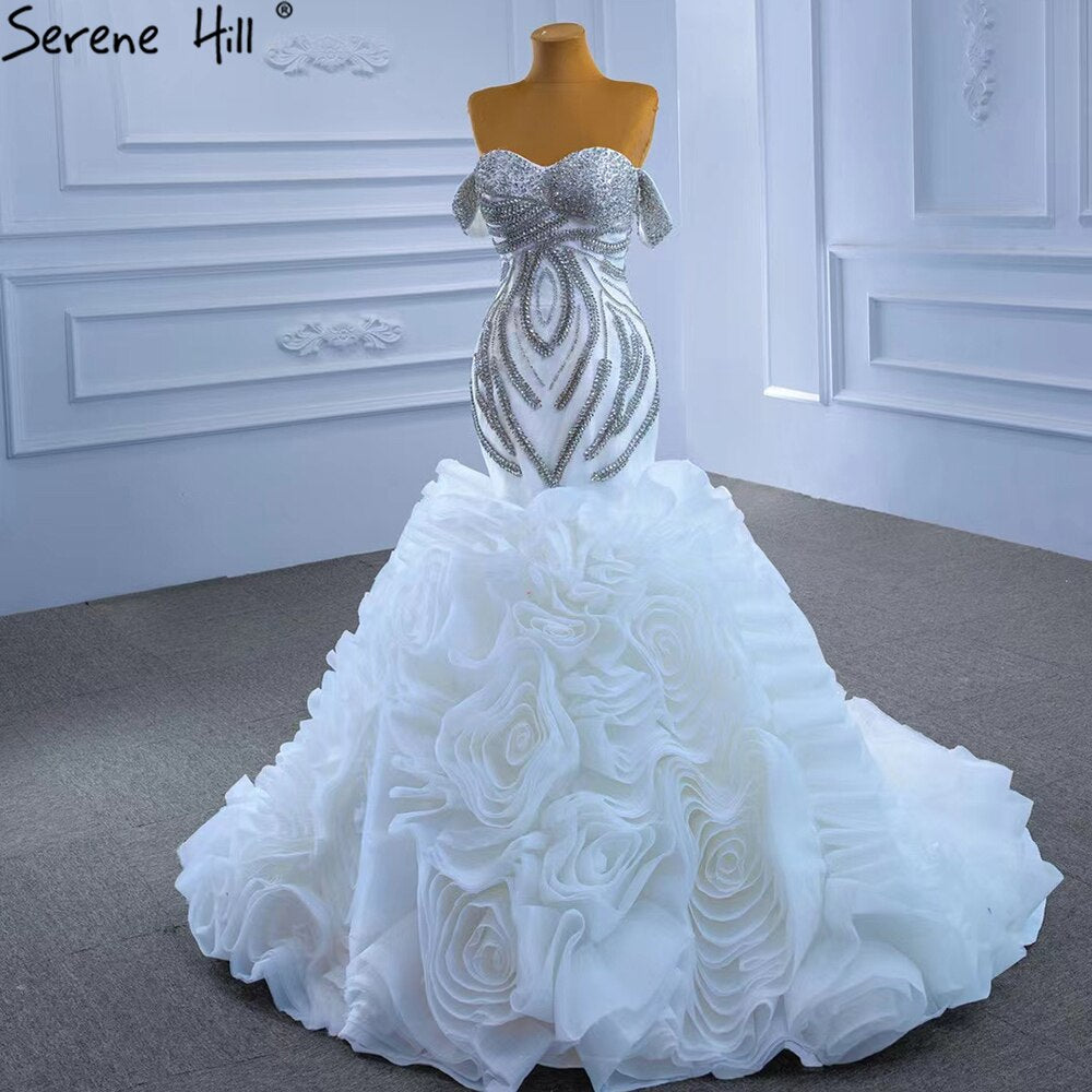 Serene Hill White Luxury Ruffles Beaded Wedding Dresses 2025 Mermaid Elegant High-end Bride Gowns HM67365 Custom Made - SERENE HILL