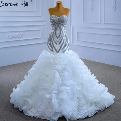 Serene Hill White Luxury Ruffles Beaded Wedding Dresses 2025 Mermaid Elegant High-end Bride Gowns HM67365 Custom Made - SERENE HILL