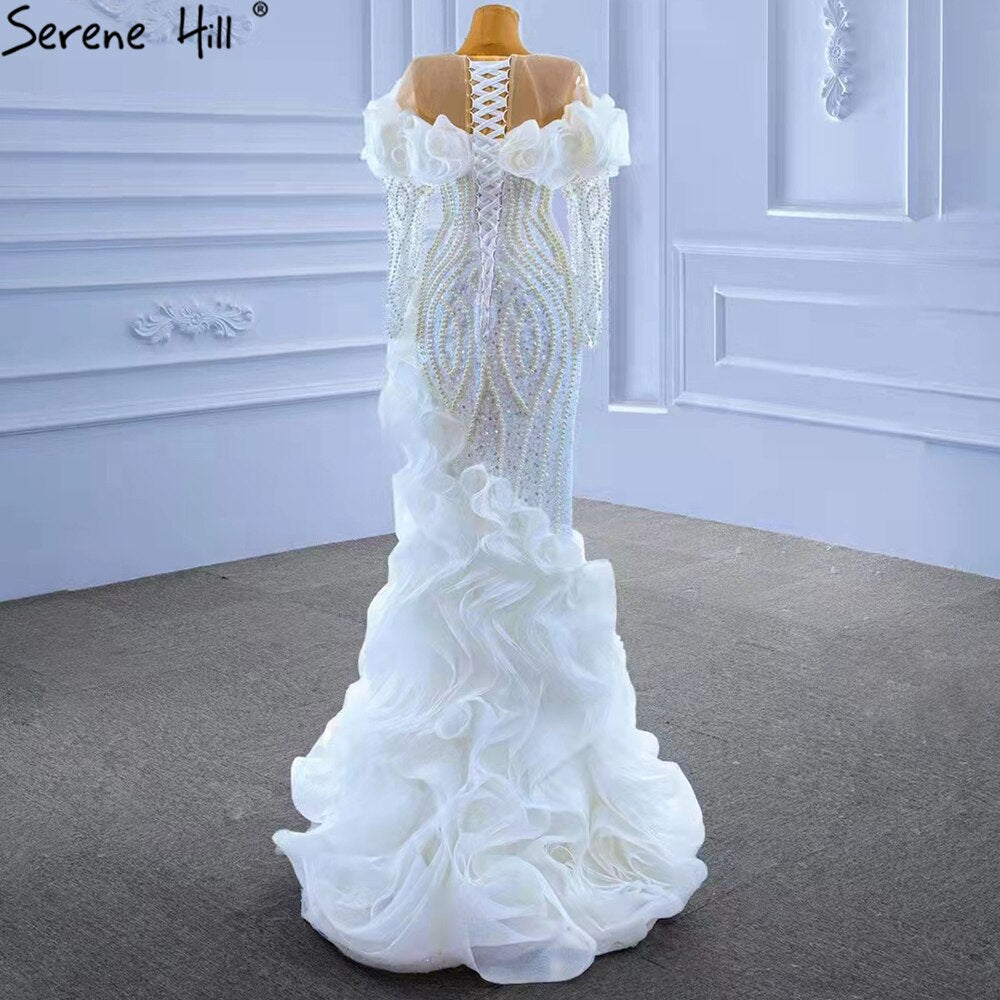 Serene Hill White Luxury Ruffles Wedding Dresses Gowns 2025 Mermaid Beaded Pearls Elegant Bridal Dress HM67418 - SERENE HILL