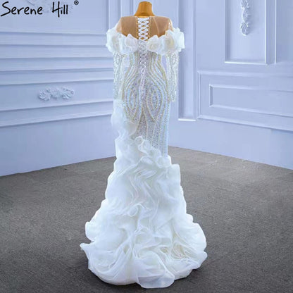 Serene Hill White Luxury Ruffles Wedding Dresses Gowns 2025 Mermaid Beaded Pearls Elegant Bridal Dress HM67418 - SERENE HILL