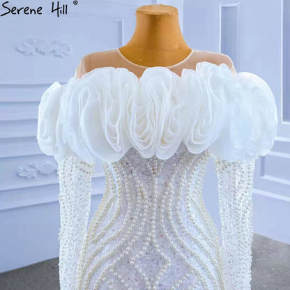 Serene Hill White Luxury Ruffles Wedding Dresses Gowns 2025 Mermaid Beaded Pearls Elegant Bridal Dress HM67418 - SERENE HILL