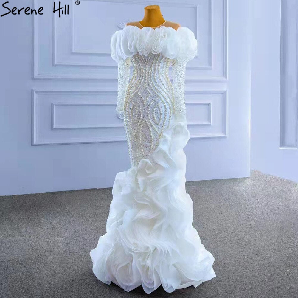 Serene Hill White Luxury Ruffles Wedding Dresses Gowns 2025 Mermaid Beaded Pearls Elegant Bridal Dress HM67418 - SERENE HILL