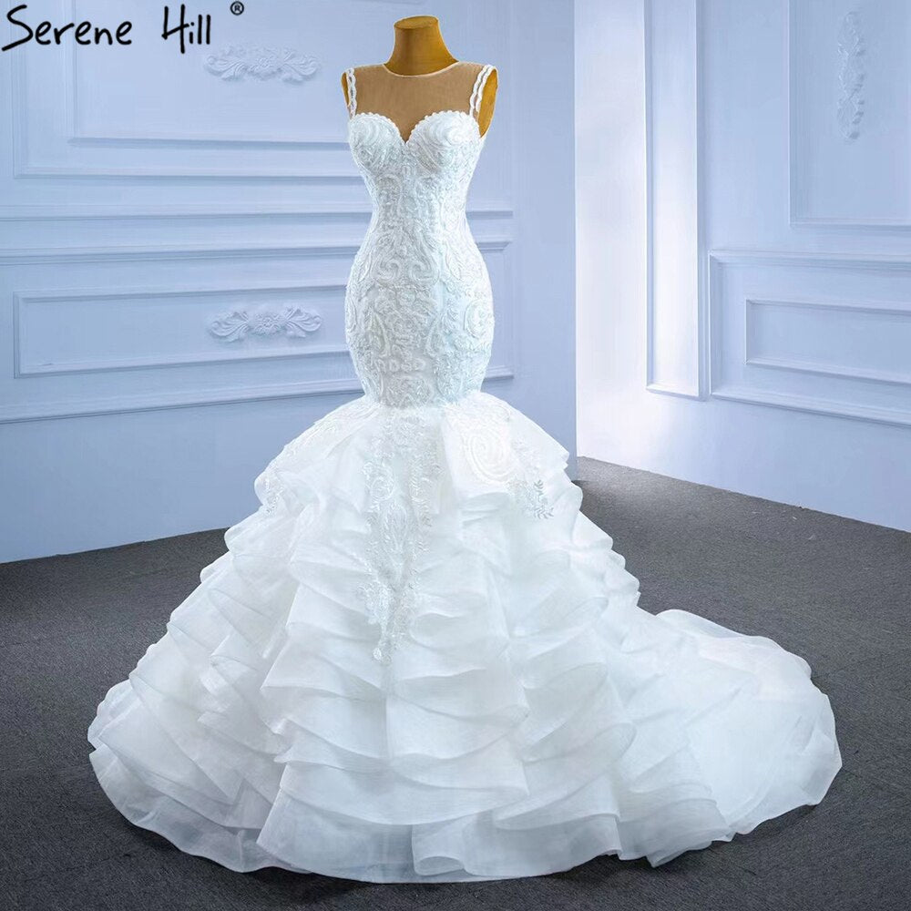 Serene Hill White Mermaid Luxury Wedding Dresses 2025 Beaded Tiered Sexy Elegant Bride Gowns HM62755 Custom Made - SERENE HILL