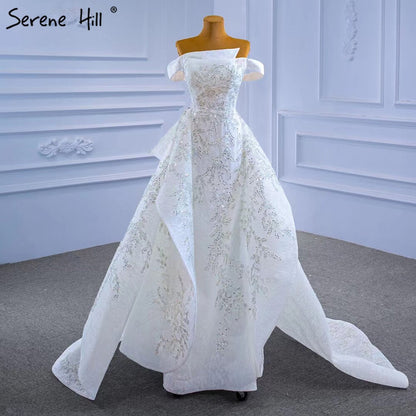 Serene Hill White Mermaid Overskirt Evening Dresses Gowns 2025 Beaded Elegant Luxury For Women Party HM67336 - SERENE HILL