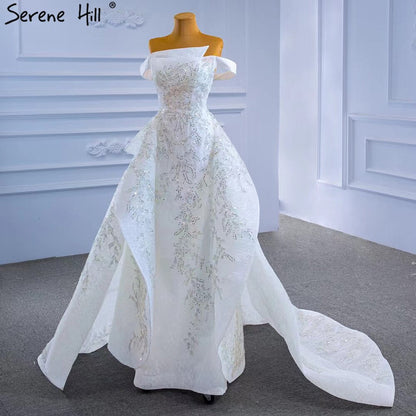 Serene Hill White Mermaid Overskirt Evening Dresses Gowns 2025 Beaded Elegant Luxury For Women Party HM67336 - SERENE HILL