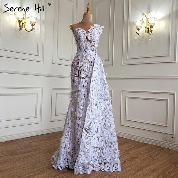 Serene Hill White Mermaid Overskirt Evening Dresses Gowns 2025 Lace Feather Elegant Formal Women Party LA71143