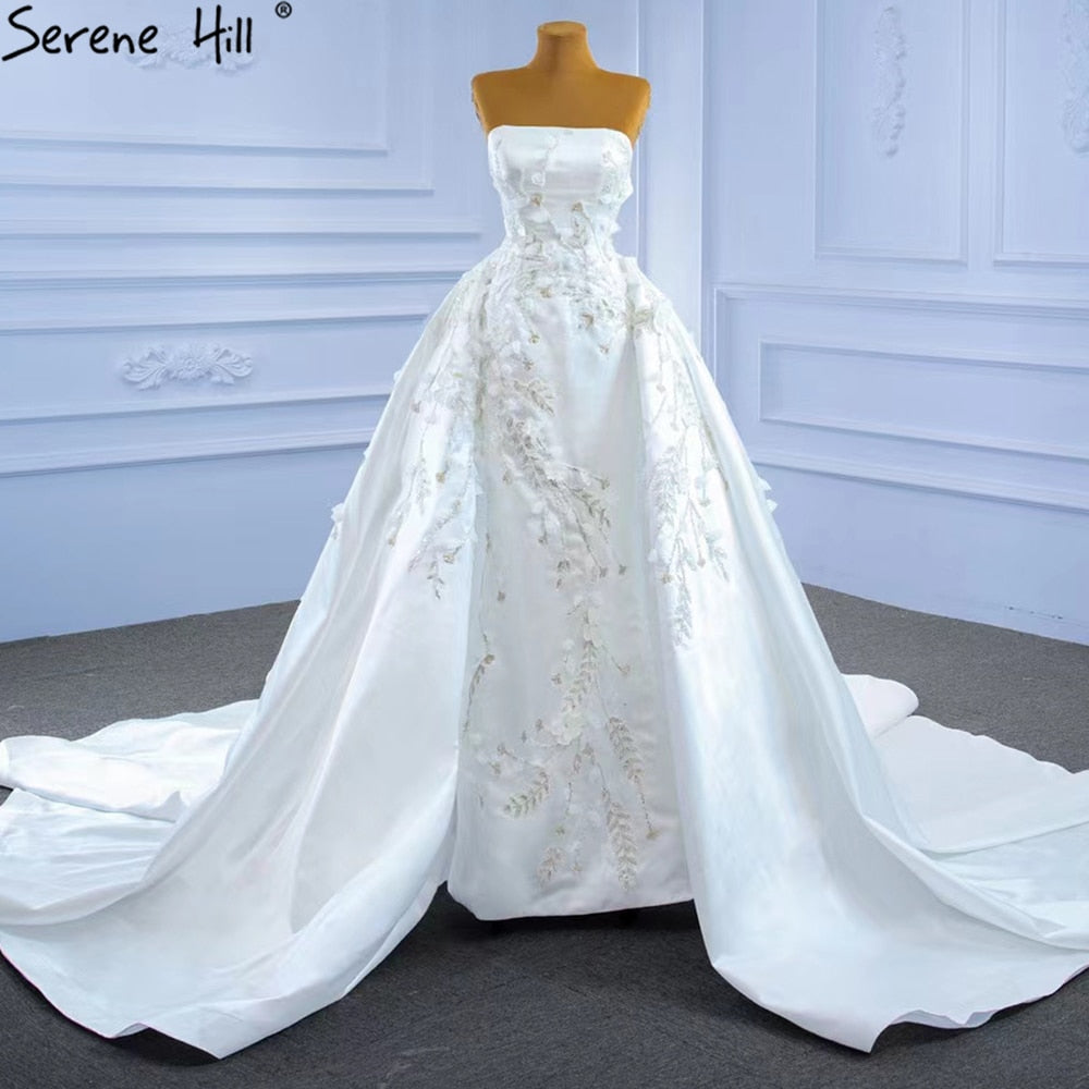 Serene Hill White Mermaid Overskirt Wedding Dresses 2025 Elegant Flowers Beaded Bride Gowns HM67282 Custom Made - SERENE HILL