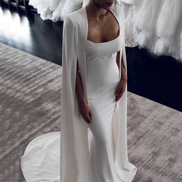 Serene Hill White Mermaid Satin Evening Dresses Gowns 2025 Cape Sleeves Backless Sexy For Women Party LA70628