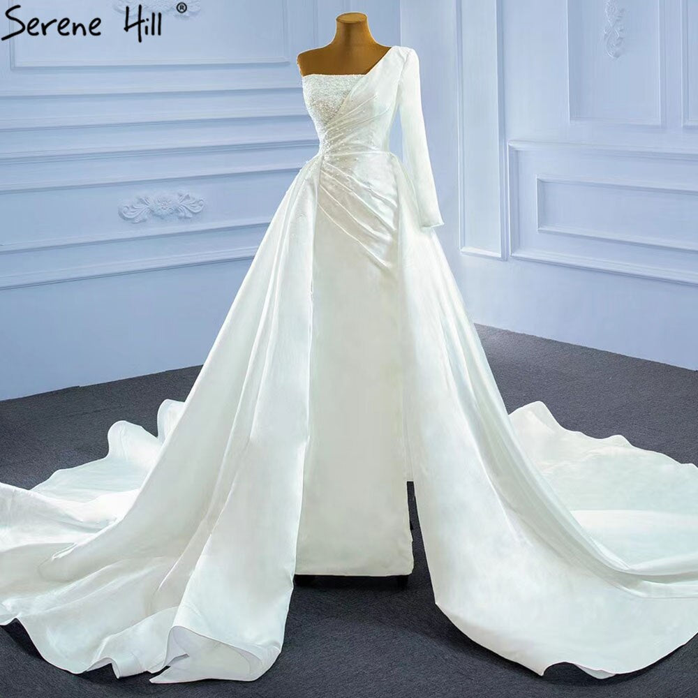 Serene Hill White Mermaid Satin Wedding Dresses 2025 Beaded Pearls Overskirt Sexy Bridal Dress HM67244 Custom Made - SERENE HILL