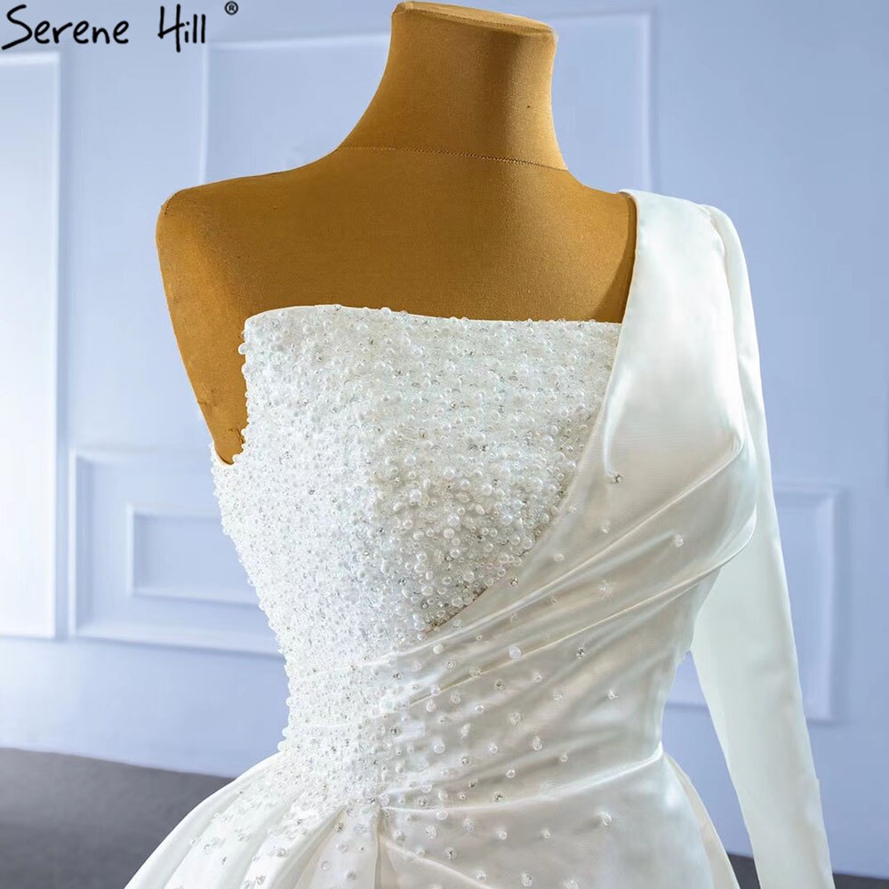 Serene Hill White Mermaid Satin Wedding Dresses 2025 Beaded Pearls Overskirt Sexy Bridal Dress HM67244 Custom Made - SERENE HILL
