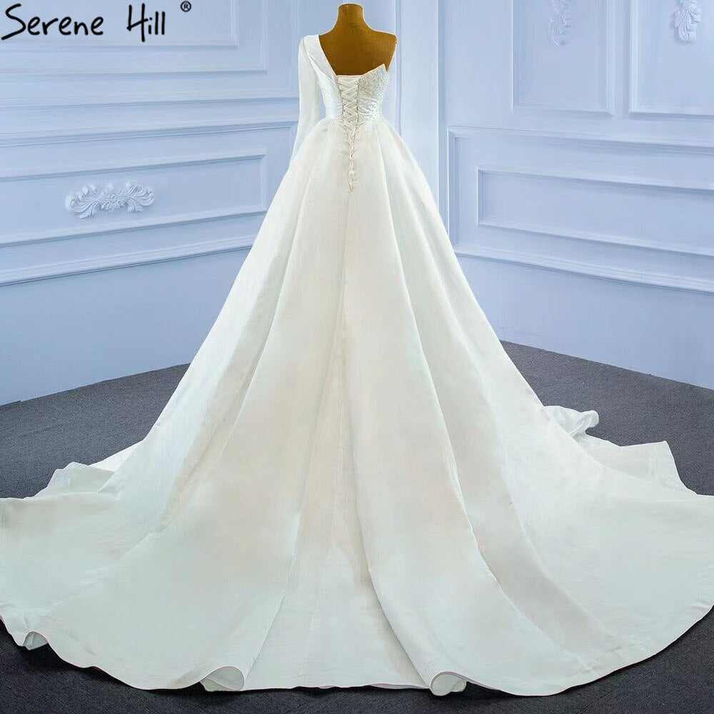 Serene Hill White Mermaid Satin Wedding Dresses 2025 Beaded Pearls Overskirt Sexy Bridal Dress HM67244 Custom Made - SERENE HILL