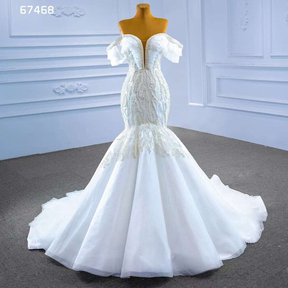 Serene Hill White Mermaid Sexy Off Shoulder Pearls Beaded Lace Up Bride Gowns Wedding Dress 2025 High End Custom Made HM67468 - SERENE HILL
