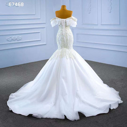 Serene Hill White Mermaid Sexy Off Shoulder Pearls Beaded Lace Up Bride Gowns Wedding Dress 2025 High End Custom Made HM67468 - SERENE HILL