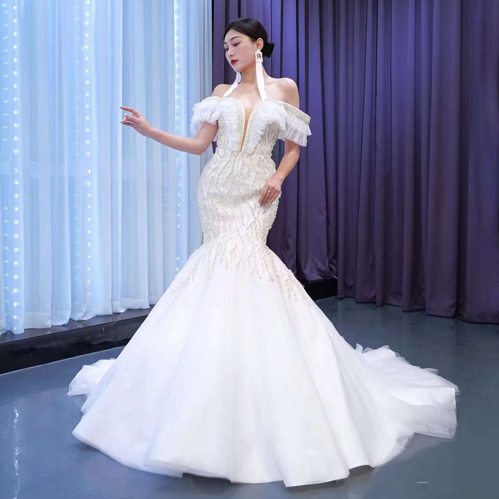 Serene Hill White Mermaid Sexy Off Shoulder Pearls Beaded Lace Up Bride Gowns Wedding Dress 2025 High End Custom Made HM67468 - SERENE HILL