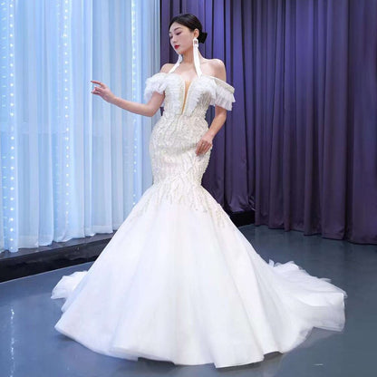 Serene Hill White Mermaid Sexy Off Shoulder Pearls Beaded Lace Up Bride Gowns Wedding Dress 2025 High End Custom Made HM67468 - SERENE HILL
