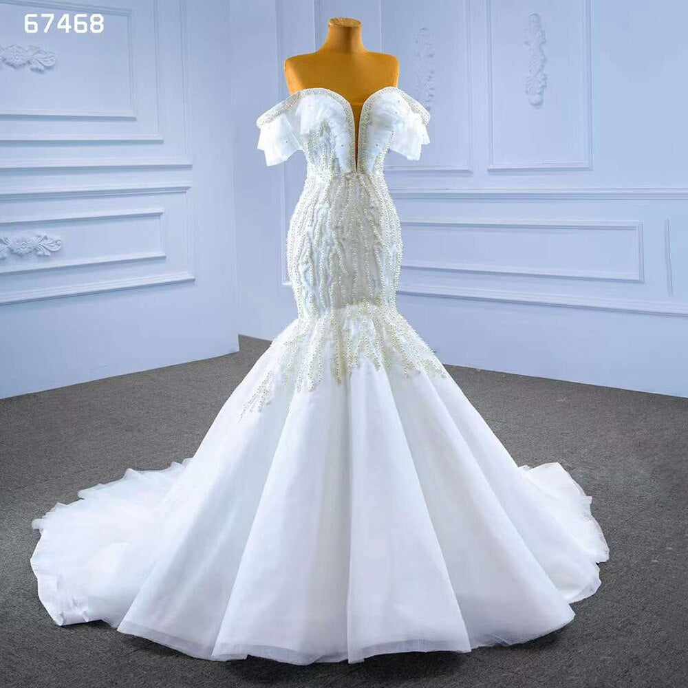 Serene Hill White Mermaid Sexy Off Shoulder Pearls Beaded Lace Up Bride Gowns Wedding Dress 2025 High End Custom Made HM67468 - SERENE HILL