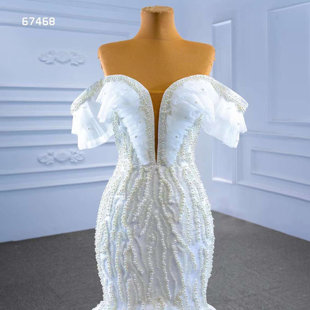 Serene Hill White Mermaid Sexy Off Shoulder Pearls Beaded Lace Up Bride Gowns Wedding Dress 2025 High End Custom Made HM67468 - SERENE HILL