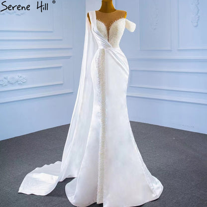 Serene Hill White Mermaid With Train Evening Dresses Gwons 2025 Satin Pearls Elegant Sexy For Women Party HM67238 - SERENE HILL