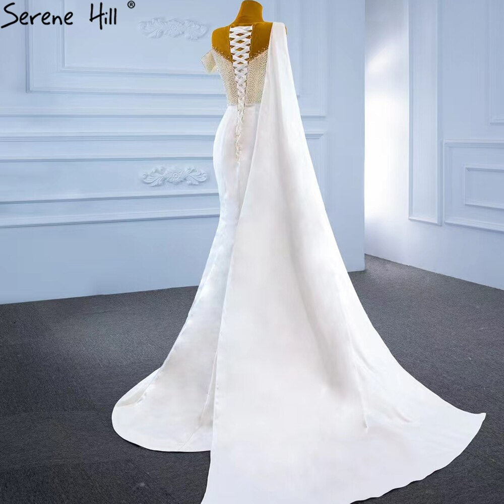 Serene Hill White Mermaid With Train Evening Dresses Gwons 2025 Satin Pearls Elegant Sexy For Women Party HM67238 - SERENE HILL
