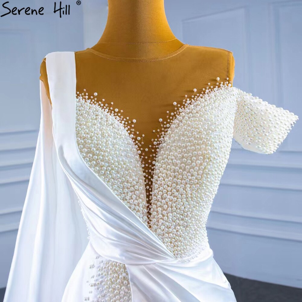 Serene Hill White Mermaid With Train Evening Dresses Gwons 2025 Satin Pearls Elegant Sexy For Women Party HM67238 - SERENE HILL