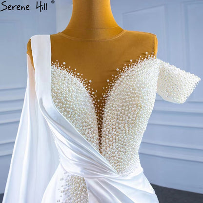 Serene Hill White Mermaid With Train Evening Dresses Gwons 2025 Satin Pearls Elegant Sexy For Women Party HM67238 - SERENE HILL