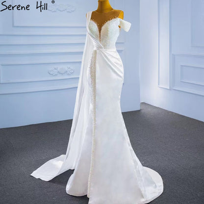 Serene Hill White Mermaid With Train Evening Dresses Gwons 2025 Satin Pearls Elegant Sexy For Women Party HM67238 - SERENE HILL