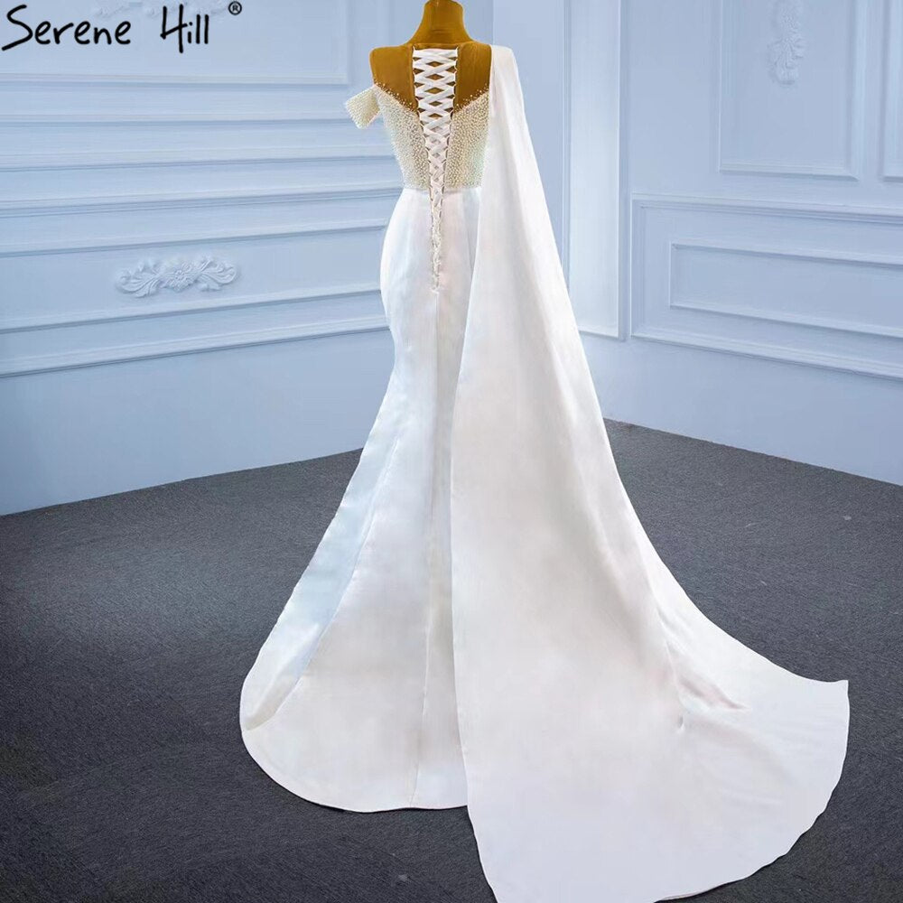 Serene Hill White Mermaid With Train Evening Dresses Gwons 2025 Satin Pearls Elegant Sexy For Women Party HM67238 - SERENE HILL