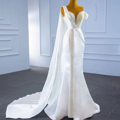 Serene Hill White Mermaid With Train Evening Dresses Gwons 2025 Satin Pearls Elegant Sexy For Women Party HM67238 - SERENE HILL