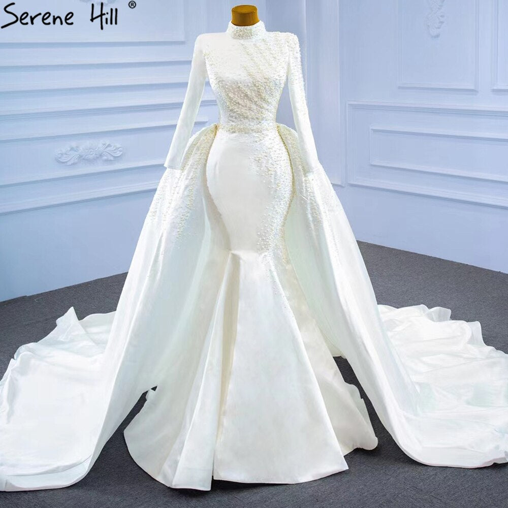 Serene Hill White Muslim Detachable Train Wedding Dresses 2025 Mermaid Elegant Beading Satin Bridal Dress HM67248 Custom Made - SERENE HILL