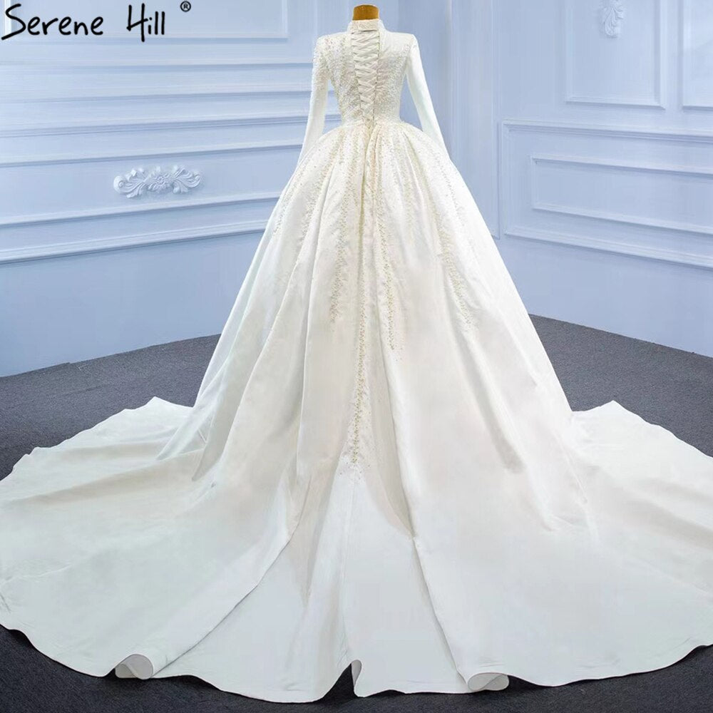 Serene Hill White Muslim Detachable Train Wedding Dresses 2025 Mermaid Elegant Beading Satin Bridal Dress HM67248 Custom Made - SERENE HILL