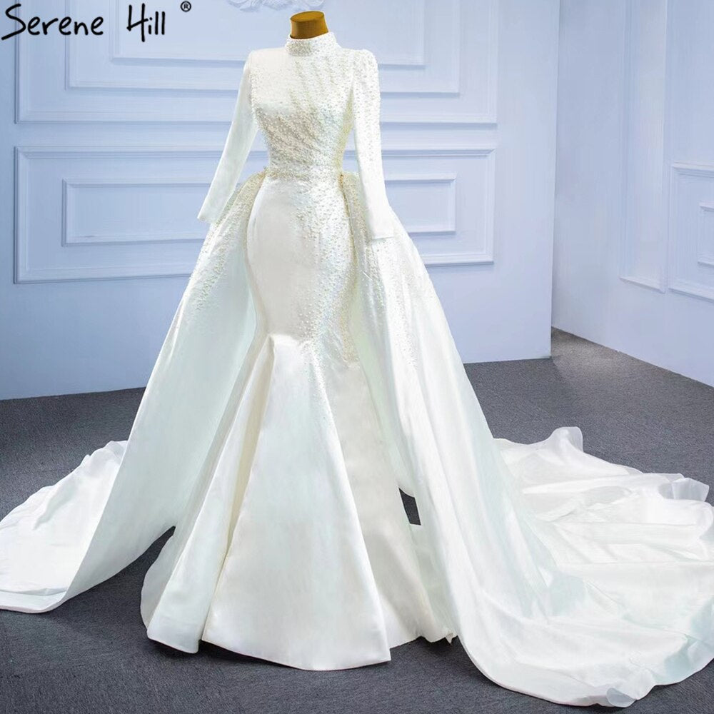 Serene Hill White Muslim Detachable Train Wedding Dresses 2025 Mermaid Elegant Beading Satin Bridal Dress HM67248 Custom Made - SERENE HILL