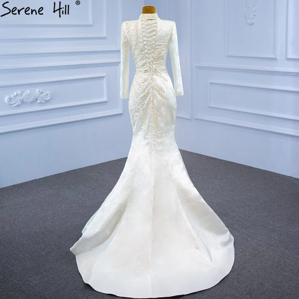 Serene Hill White Muslim Detachable Train Wedding Dresses 2025 Mermaid Elegant Beading Satin Bridal Dress HM67248 Custom Made - SERENE HILL