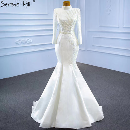 Serene Hill White Muslim Detachable Train Wedding Dresses 2025 Mermaid Elegant Beading Satin Bridal Dress HM67248 Custom Made - SERENE HILL