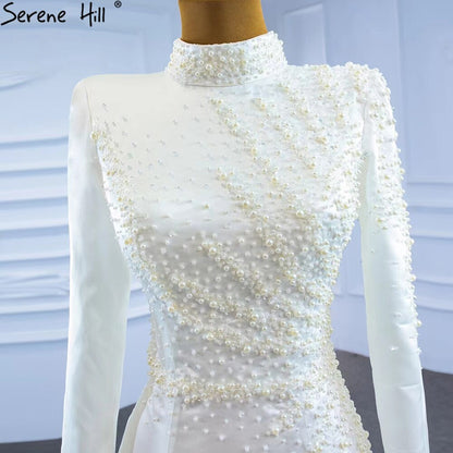 Serene Hill White Muslim Detachable Train Wedding Dresses 2025 Mermaid Elegant Beading Satin Bridal Dress HM67248 Custom Made - SERENE HILL