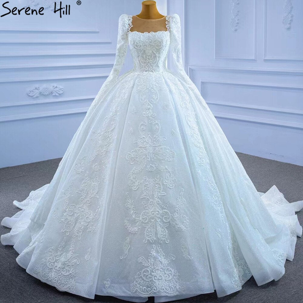 Serene Hill White Muslim Lace Beaded Wedding Dresses 2025 Luxury High-end Ball Gown Bridal Dress HM67258 Custom Made - SERENE HILL