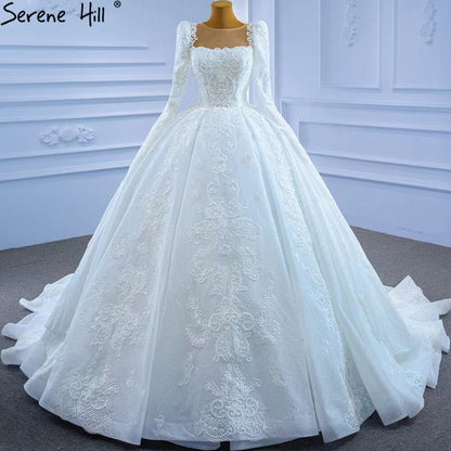 Serene Hill White Muslim Lace Beaded Wedding Dresses 2025 Luxury High-end Ball Gown Bridal Dress HM67258 Custom Made - SERENE HILL