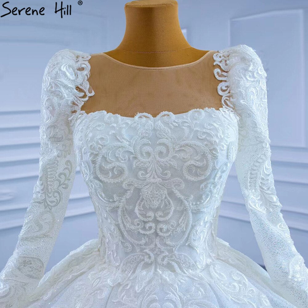 Serene Hill White Muslim Lace Beaded Wedding Dresses 2025 Luxury High-end Ball Gown Bridal Dress HM67258 Custom Made - SERENE HILL