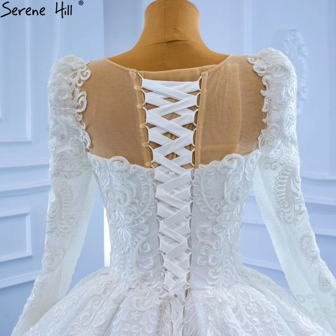 Serene Hill White Muslim Lace Beaded Wedding Dresses 2025 Luxury High-end Ball Gown Bridal Dress HM67258 Custom Made - SERENE HILL