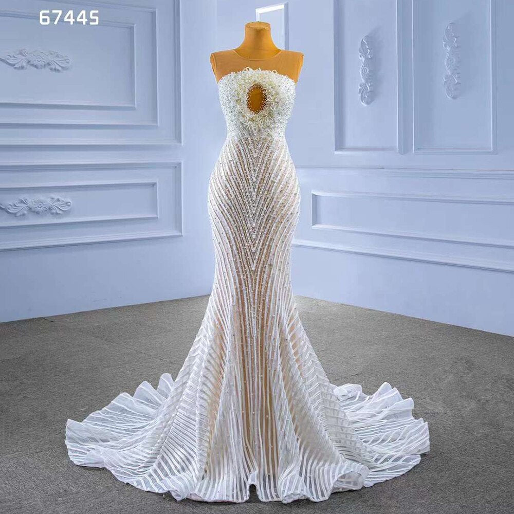 Serene Hill White Nude Elegant Mermaid High End Custom Made Pearls Luxury Beaded Lace Up Bride Gowns Wedding Dress 2025 HM67445 - SERENE HILL