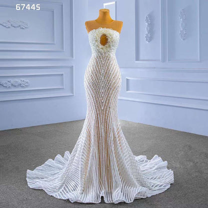 Serene Hill White Nude Elegant Mermaid High End Custom Made Pearls Luxury Beaded Lace Up Bride Gowns Wedding Dress 2025 HM67445 - SERENE HILL