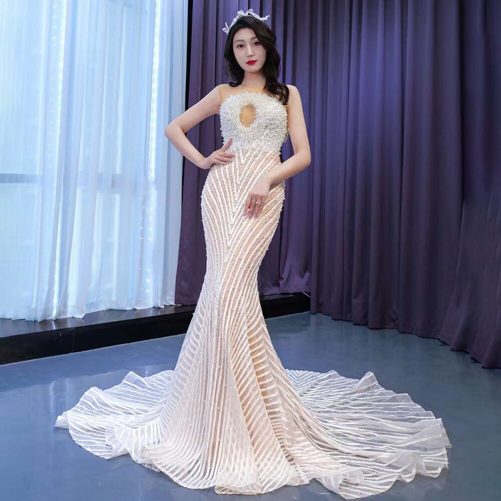 Serene Hill White Nude Elegant Mermaid High End Custom Made Pearls Luxury Beaded Lace Up Bride Gowns Wedding Dress 2025 HM67445 - SERENE HILL