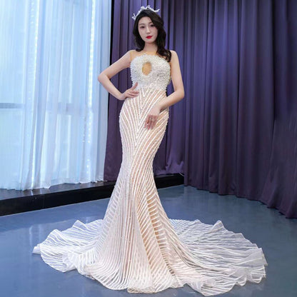 Serene Hill White Nude Elegant Mermaid High End Custom Made Pearls Luxury Beaded Lace Up Bride Gowns Wedding Dress 2025 HM67445 - SERENE HILL