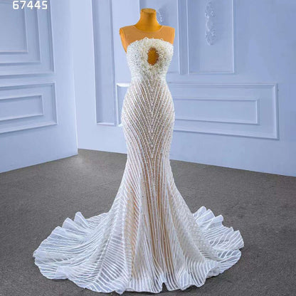 Serene Hill White Nude Elegant Mermaid High End Custom Made Pearls Luxury Beaded Lace Up Bride Gowns Wedding Dress 2025 HM67445 - SERENE HILL