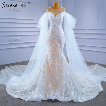 Serene Hill White Nude Mermaid Wedding Dresses 2025 Beaded Lace Elegant Cape Sleeves Bride Gowns HM67294 Custom Made - SERENE HILL