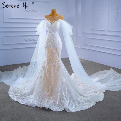 Serene Hill White Nude Mermaid Wedding Dresses 2025 Beaded Lace Elegant Cape Sleeves Bride Gowns HM67294 Custom Made - SERENE HILL