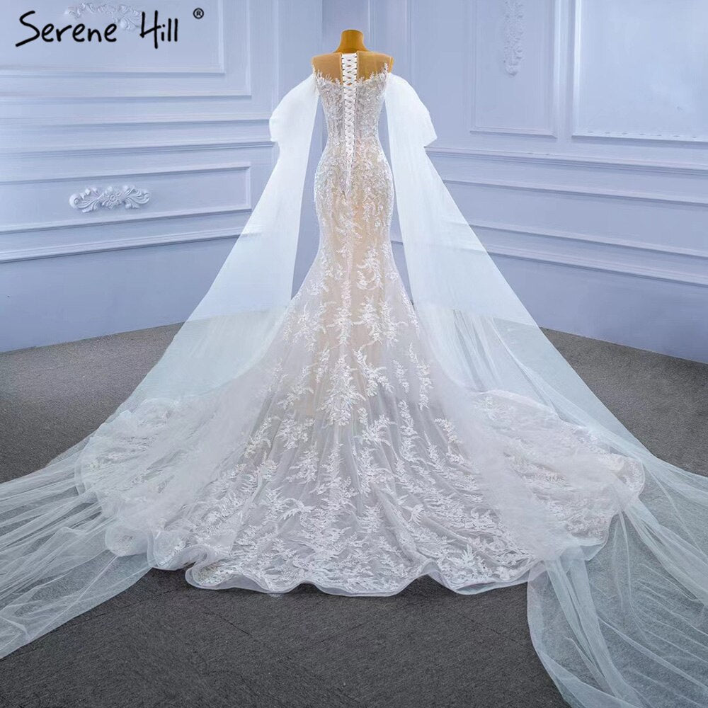 Serene Hill White Nude Mermaid Wedding Dresses 2025 Beaded Lace Elegant Cape Sleeves Bride Gowns HM67294 Custom Made - SERENE HILL