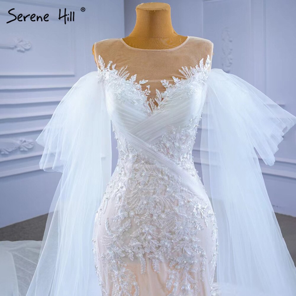 Serene Hill White Nude Mermaid Wedding Dresses 2025 Beaded Lace Elegant Cape Sleeves Bride Gowns HM67294 Custom Made - SERENE HILL
