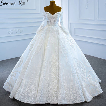 Serene Hill White Off Shoulder Sexy Wedding Dresses Gowns Luxury Beading Pearls Lace Up Bridal Dress 2025 HM67206 Custom Made - SERENE HILL